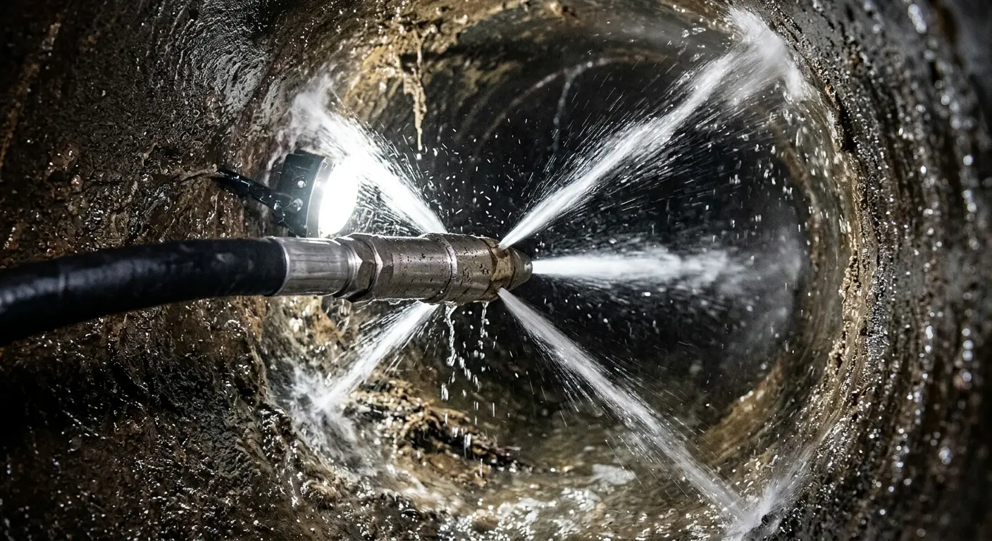 High-pressure hydro jetting nozzle cleaning sewer pipe for Emergency Drain Service in Holtville