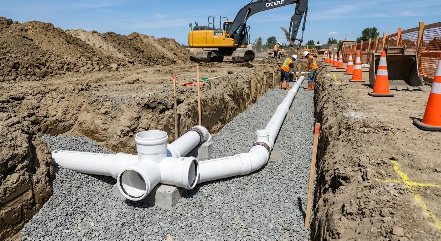 New PVC sewer pipe installation in open trench for Grease Trap Cleaning in Holtville