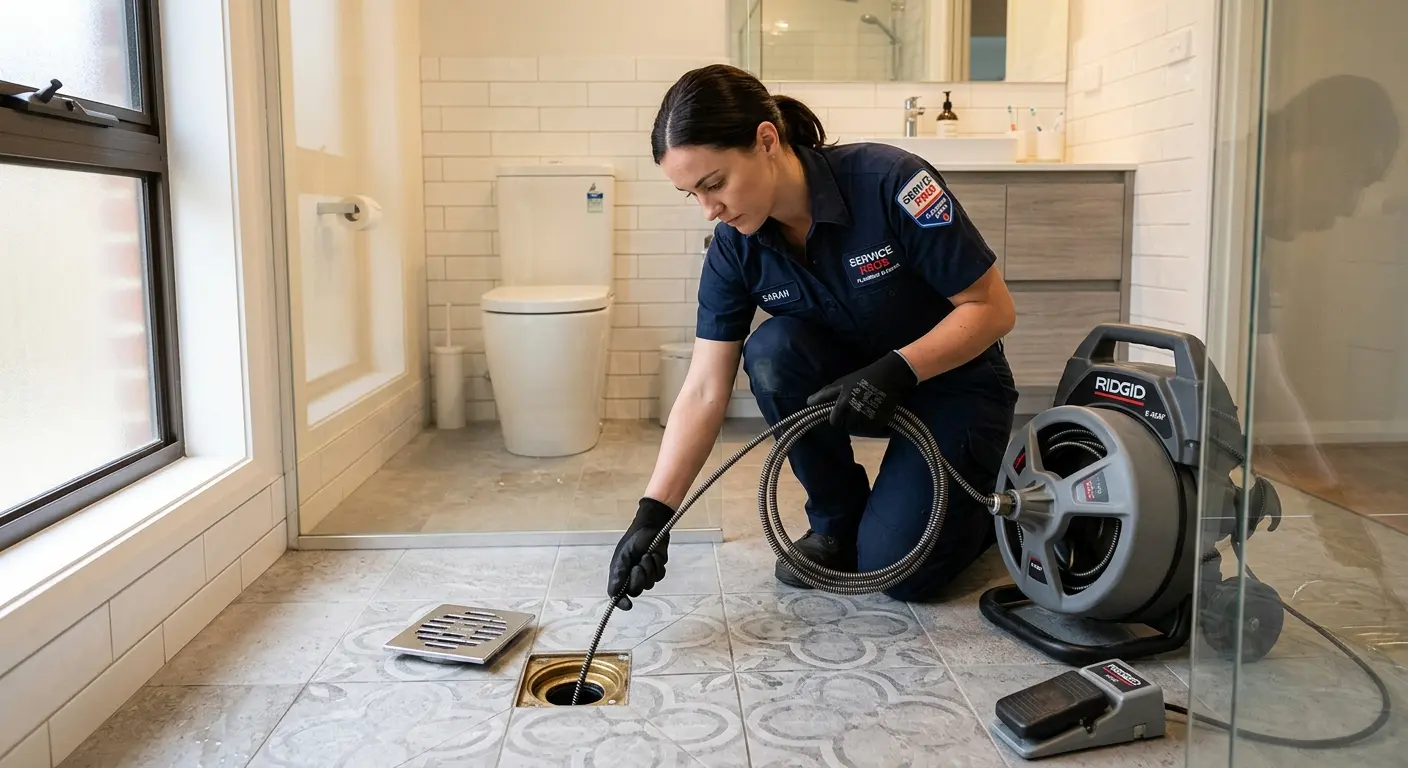 Technician clearing a bathroom floor drain for Hydro Jetting in Holtville